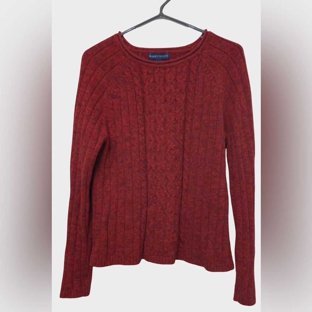 Karen Scott Women’s Peppered Red Pullover Cable‎ Knit Sweater Small 100% Cotton